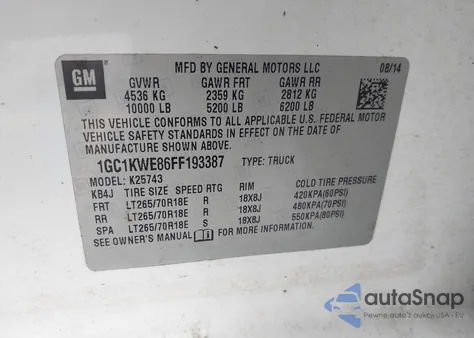 2015 Chevrolet Silverado 2500Hd Ltz z USA, uszkodzony, nr VIN 1GC1KWE86FF193387